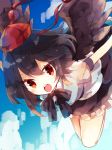  &gt;:o 1girl :o bare_legs belt bent_over black_bow black_bowtie black_hair black_skirt black_wings blue_sky blush bow bowtie breasts clouds day flying frilled_skirt frills hat looking_at_viewer nikorashi-ka open_mouth outstretched_arms pom_pom_(clothes) puffy_short_sleeves puffy_sleeves red_eyes round_teeth shameimaru_aya shirt short_hair short_sleeves skirt sky solo teeth tengu tokin_hat touhou tsurime white_shirt wings 