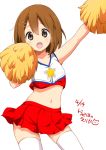  1girl :d april armpits arms_up bare_shoulders blush brown_eyes brown_hair cheering cheerleader collarbone contrapposto cowboy_shot dated hair_ornament hairclip hirasawa_yui holding k-on! looking_at_viewer midriff navel open_mouth pleated_skirt pom_poms ragho_no_erika red_skirt simple_background skirt sleeveless smile solo star_print stomach tank_top tareme thigh-highs white_background white_legwear zettai_ryouiki 
