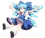  1girl blue_dress blue_eyes blue_hair cirno dress full_body hair_ornament hair_ribbon ice ice_wings looking_at_viewer nogisaka_kushio open_mouth outstretched_arms puffy_sleeves ribbon shoes short_hair short_sleeves socks solo touhou transparent_background white_legwear wings 