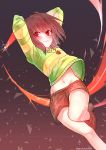  androgynous blood blush brown_hair chara_(undertale) dayuh dust glint gradient gradient_background heart heart-shaped_pupils heart_necklace knife navel red_eyes shoes shorts smile solo spoilers striped striped_sweater sweater symbol-shaped_pupils undertale watermark web_address 