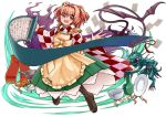  1girl :d apron bell boots bowl checkered_shirt clothes_writing cross-laced_footwear full_body glasses hair_bell hair_ornament japanese_clothes kimono lace-up_boots looking_at_viewer motoori_kosuzu open_mouth phenne plate red_eyes redhead scroll shirt short_hair smile solo_focus touhou twintails two_side_up white_background wide_sleeves youkai 