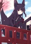  1girl animal_ears black_hair cherry_blossoms clouds cloudy_sky fox_ears fox_tail gun holding holding_weapon long_hair looking_at_viewer looking_back nekomo original petals red_eyes sky smile solo submachine_gun tail tree weapon wide_sleeves 