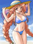  1girl animal_ears beach blush braid breasts breath_of_fire breath_of_fire_iii clouds covered_nipples dr.p glasses hat long_hair momo_(breath_of_fire) ocean orange_hair redhead smile solo source_request swimsuit twintails 