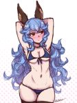  1girl akairiot animal_ears armpits arms_up bikini black_legwear blue_bikini blue_hair blush breasts cleavage ferry_(granblue_fantasy) front-tie_top granblue_fantasy long_hair navel rabbit_ears red_eyes sketch solo swimsuit thigh-highs wavy_hair 