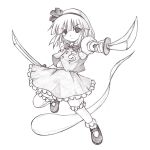  1girl black_eyes bloomers bow bowtie dual_wielding eyebrows eyebrows_visible_through_hair frilled_legwear frills fukaiton hair_ribbon hairband holding holding_weapon katana konpaku_youmu konpaku_youmu_(ghost) looking_at_viewer mary_janes monochrome puffy_short_sleeves puffy_sleeves ribbon shoes short_hair short_sleeves skirt socks solo sword touhou underwear vest weapon 