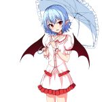  1girl adapted_costume bangs bat_wings blue_hair cowboy_shot fang frilled_shirt frilled_skirt frills hair_between_eyes head_tilt holding holding_umbrella junior27016 looking_at_viewer no_hat parasol pink_shirt pink_skirt pointy_ears red_eyes remilia_scarlet shirt short_hair simple_background sketch skirt smile solo touhou umbrella white_background wings wrist_cuffs 