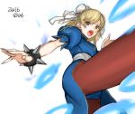  1girl blonde_hair blue_dress bracelet brown_eyes brown_legwear bun_cover china_dress chinese_clothes chun-li chun-li_(cosplay) cosplay djeeta_(granblue_fantasy) double_bun dress granblue_fantasy jewelry kicking open_mouth pantyhose puffy_short_sleeves puffy_sleeves sash short_hair short_sleeves side_slit solo spiked_bracelet spikes street_fighter tetsu_(kimuchi) upskirt 