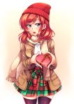  1girl black_legwear blush box checkered checkered_skirt coat gift gift_box hat heart heart-shaped_box heart-shaped_pupils highres holding holding_box holding_gift long_sleeves looking_at_viewer love_live!_school_idol_project nishikino_maki open_mouth red_hat redhead scarf short_hair signature skirt symbol-shaped_pupils thigh-highs valentine violet_eyes windart 