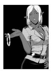  1girl belt breasts cleavage collar collarbone contrapposto dark_elf elf greyscale hand_on_hip looking_at_viewer monochrome parted_lips pointy_ears short_hair simple_background solo uniform yamai_chuu 