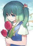  1girl ainy77 ascot blue_eyes daiyousei fairy_wings flower green_hair hair_ribbon looking_at_viewer ribbon shirt short_sleeves side_ponytail smile solo touhou tulip vest wings 