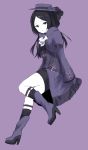  1girl :o alternate_costume black_eyes black_hair black_legwear black_ribbon black_skirt boots brooch coat corset cravat flower frills full_body fur_trim hat hat_ribbon high_heel_boots high_heels jewelry kneehighs long_sleeves looking_at_viewer parted_lips pencil_skirt purple_background purple_boots purple_coat purple_flower purple_gloves purple_hat purple_rose rakugaki_man ribbon rose simple_background skirt solo standing tsukimi_ren world_trigger 