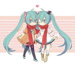  2girls ahoge aqua_eyes aqua_hair boots dress dual_persona full_body hatsune_miku heart kneehighs long_hair multiple_girls one_eye_closed open_mouth pantyhose scarf shared_scarf smile striped striped_background twintails very_long_hair vocaloid yoshiki 