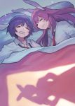  2girls ainy77 animal_ears blanket blush closed_eyes long_hair long_sleeves lying multiple_girls necktie on_back on_bed on_side purple_hair rabbit_ears reisen reisen_udongein_inaba shade shirt short_hair silhouette sleeping touhou watatsuki_no_yorihime 