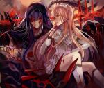  1boy 1girl blood blue_hair brown_hair cu_chulainn_alter_(fate/grand_order) elbow_gloves fate/grand_order fate_(series) gae_bolg gloves hairband highres hood lancer long_hair medb_(fate/grand_order) polearm red_eyes riding_crop sitting sitting_on_lap sitting_on_person skirt smile spear spikes tattoo weapon white_gloves white_skirt yellow_eyes yuu_(pixiv769259) 