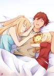  absurdres artoria_pendragon_(all) blonde_hair emiya_shirou family fate/stay_night fate_(series) highres long_hair mordred_(fate)_(all) nachtness redhead saber saber_of_red short_hair sleeping type-moon 
