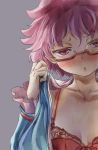  1girl bespectacled blush bra glasses komeiji_satori looking_at_viewer open_clothes open_mouth open_shirt pink-framed_glasses pink_eyes pink_hair red_bra shirt small_breasts solo touhou underwear yohane 