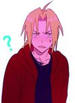  1boy ? black_shirt blonde_hair braid coat edward_elric frown fullmetal_alchemist looking_at_viewer male_focus open_mouth red_coat riru shirt simple_background standing sweatdrop white_background yellow_eyes 
