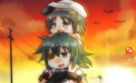  2girls bangs blush_stickers carrying chibi commentary_request diving_mask eyepatch gloves green_eyes green_hair grey_eyes grey_hair hat japanese_flag kantai_collection kiso_(kantai_collection) maru-yu_(kantai_collection) multiple_girls open_mouth outdoors parted_bangs power_lines short_hair shoulder_carry sky smile sun sunset taisa_(kari) 