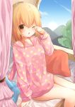  1girl absurdres bed brown_eyes brown_hair curtains highres long_hair no_pants one_eye_closed open_mouth original pajamas pillow shirt sitting sleepy solo window 