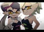  +_+ 2girls aori_(splatoon) bare_shoulders black_dress black_hair breasts cleavage cousins detached_collar domino_mask dress earrings eyebrows eyebrows_visible_through_hair food food_on_head gloves hat hotaru_(splatoon) jewelry long_hair looking_at_viewer mask mole mole_under_eye multiple_girls object_on_head pointy_ears short_hair smile splatoon strapless symbol-shaped_pupils tentacle_hair tentacles thick_eyebrows ukata upper_body white_background white_gloves white_hair yellow_eyes 
