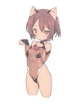  1girl :o animal_ears bare_shoulders blade_(galaxist) blush brown_eyes brown_hair cat_ears collarbone covered_navel cropped_legs dark_skin detached_sleeves groin long_sleeves looking_at_viewer open_mouth parted_lips paw_pose short_hair simple_background skin_tight small_breasts solo standing thighs white_background 