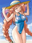  1girl beach blush breasts breath_of_fire breath_of_fire_iii clouds covered_navel covered_nipples dr.p glasses momo_(breath_of_fire) ocean one-piece_swimsuit solo swimsuit 