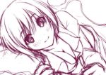  1girl bed_sheet blush breasts cleavage closed_mouth collarbone collared_shirt commentary_request konpaku_youmu large_breasts long_sleeves looking_at_viewer lying monochrome nori_tamago on_side pillow pink shirt short_hair simple_background sketch smile solo tareme touhou under_covers white_background 