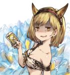  1girl anger_vein bare_shoulders benitama blonde_hair breasts broken brown_eyes cellphone djeeta_(granblue_fantasy) granblue_fantasy hairband horns looking_at_viewer open_mouth phone short_hair smartphone solo strap_slip tears wavy_mouth 