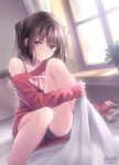  1girl alarm_clock blanket blush brown_eyes brown_hair casual clock d-style_wed highres kantai_collection sendai_(kantai_collection) shorts solo sweater two_side_up 