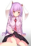  1girl animal_ears arm_support bangs between_breasts black_skirt blush bow bow_panties breasts jpeg_artifacts lifted_by_self long_hair long_sleeves looking_at_viewer necktie necktie_between_breasts oimo_(imoyoukan) panties pleated_skirt purple_hair rabbit_ears red_eyes red_necktie reisen_udongein_inaba sitting skirt solo striped striped_panties touhou underwear very_long_hair 