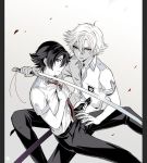  2boys black_hair dual_persona eiyuu_densetsu emblem holding holding_sword holding_weapon katana multiple_boys necktie petals rean_schwartzer red_eyes sagaraise scabbard sen_no_kiseki sheath short_hair simple_background spoilers sword uniform violet_eyes weapon white_hair 