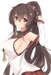  1girl arm_up armpits bare_shoulders breasts brown_eyes brown_hair collarbone commentary_request covered_nipples detached_sleeves hair_between_eyes hair_ornament hand_in_hair highres kantai_collection large_breasts long_hair looking_at_viewer nao_(qqqbb) pointy_hair simple_background smile upper_body white_background yamato_(kantai_collection) 