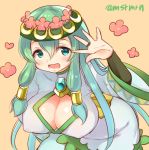  1girl :d aqua_eyes aqua_hair breasts brooch ceres_(p&amp;d) cleavage_cutout covered_nipples hair_tubes hand_up head_wreath jewelry large_breasts leaning_forward long_hair marshmallow_mille open_mouth puzzle_&amp;_dragons ring smile solo twitter_username wedding_band 