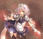  1girl black_legwear blue_eyes garter_straps himemurasaki izayoi_sakuya knives_between_fingers maid_headdress silver_hair solo touhou 