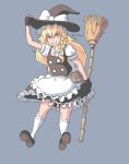  1girl apron black_skirt blonde_hair bow braid broom dated fingerless_gloves frilled_skirt frills gloves hair_bow hat kirisame_marisa profitshame puffy_short_sleeves puffy_sleeves shoes short_sleeves side_braid skirt small_breasts smile socks solo touhou waist_apron witch_hat yellow_eyes 