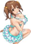  1girl absurdres bikini breasts brown_eyes brown_hair cream cream_on_body cream_on_face food food_on_face highres ice_cream idolmaster idolmaster_cinderella_girls large_breasts looking_back makamati open_mouth self_fondle simple_background swimsuit totoki_airi twintails 