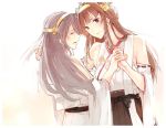  2girls asakawa_(outeq) bare_shoulders blush brown_hair closed_eyes crying detached_sleeves haruna_(kantai_collection) headband holding_hands interlocked_fingers japanese_clothes kantai_collection kongou_(kantai_collection) long_hair long_sleeves multiple_girls nontraditional_miko ribbon-trimmed_sleeves ribbon_trim simple_background smile tagme 