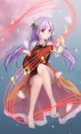  1girl barefoot biwa_lute blue_background chain cherry_blossoms dress flower full_body gradient gradient_background hair_flower hair_ornament highres instrument lavender_hair long_hair long_sleeves looking_at_viewer low_twintails lute_(instrument) musical_note orange_eyes petals pita_(pitaani-223) playing_instrument smile solo touhou tsukumo_benben twintails 