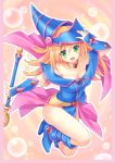  1girl blonde_hair blue_boots blush boots breasts choker dark_magician_girl duel_monster green_eyes hat k-ko kneeling large_breasts long_hair skirt smile solo wizard_hat yuu-gi-ou 