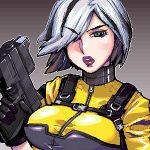  1girl agent_helix breasts g.i._joe green_eyes gun hair_over_one_eye handgun lips looking_at_viewer lowres matagitii multicolored_hair oekaki weapon 