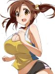  1girl :d blush breasts brown_eyes brown_hair cleavage hair_ornament highres huge_breasts idolmaster idolmaster_cinderella_girls jogging looking_at_viewer navel open_mouth pu-chin smile solo tank_top totoki_airi twintails 