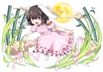  1girl :d animal_ears bamboo bamboo_forest brown_hair bunny_tail carrot_necklace danmaku dress forest full_body full_moon inaba_tewi jewelry looking_at_viewer moon nature nogisaka_kushio open_mouth pendant pink_dress puffy_short_sleeves puffy_sleeves rabbit_ears red_eyes short_hair short_sleeves smile solo tail touhou transparent_background white_legwear 