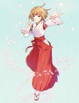  1girl bangs blonde_hair closed_mouth detached_sleeves eyebrows eyebrows_visible_through_hair full_body hakama japanese_clothes maruishi miko outstretched_arm palms petals red_ribbon ribbon ribbon-trimmed_sleeves ribbon_trim short_hair simple_background solo standing tabi white_legwear wide_sleeves world_trigger zouri 