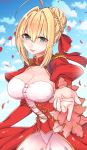  1girl ahoge blonde_hair braid breasts cleavage epaulettes fate/extra fate/grand_order fate_(series) foreshortening green_eyes large_breasts petals saber_extra shisei_(kyuushoku_banchou) solo 