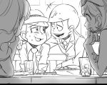  2boys 2girls arm_around_shoulder atsushi_(osomatsu-san) chin_rest cup drinking_glass extra formal greyscale hat looking_at_another male_focus matsuno_todomatsu monochrome multiple_boys multiple_girls necktie osomatsu-kun osomatsu-san porkpie_hat rian_(bdl) simple_background smile suit sunglasses sunglasses_on_head talking white_background 
