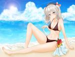  1girl beach bikini blue_eyes clouds hat highres kantai_collection kashima_(kantai_collection) long_hair silver_hair sitting swimsuit 