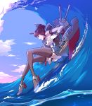  1girl bare_shoulders breasts brown_hair clenched_teeth clouds corset elbow_gloves garter_straps gloves huge_breasts kantai_collection long_hair miniskirt ponytail profile rudder_shoes skirt skirt_tug sky solo teeth thigh-highs turret water waving wrist_cuffs yamai_chuu 