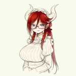  1girl apron blue_eyes blush bonnet braid breasts commentary frilled_apron frills glasses hair_between_eyes horns large_breasts light_smile long_hair maid original pas_(paxiti) pointy_ears ponytail redhead semi-rimless_glasses side_braids sketch solo twin_braids under-rim_glasses 