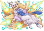  &gt;:&gt; 1girl blonde_hair breasts danmaku dress energy_ball fox_tail frills full_body hat kyuubi long_sleeves looking_at_viewer mob_cap multiple_tails ofuda phenne pillow_hat short_hair solo tabard tail tassel touhou white_background white_dress wide_sleeves yakumo_ran yellow_eyes 