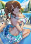  1girl absurdres bikini blurry breasts brown_eyes brown_hair cream cream_on_body cream_on_face depth_of_field food food_on_face highres ice_cream idolmaster idolmaster_cinderella_girls large_breasts looking_back makamati open_mouth ramune self_fondle solo_focus swimsuit totoki_airi twintails 